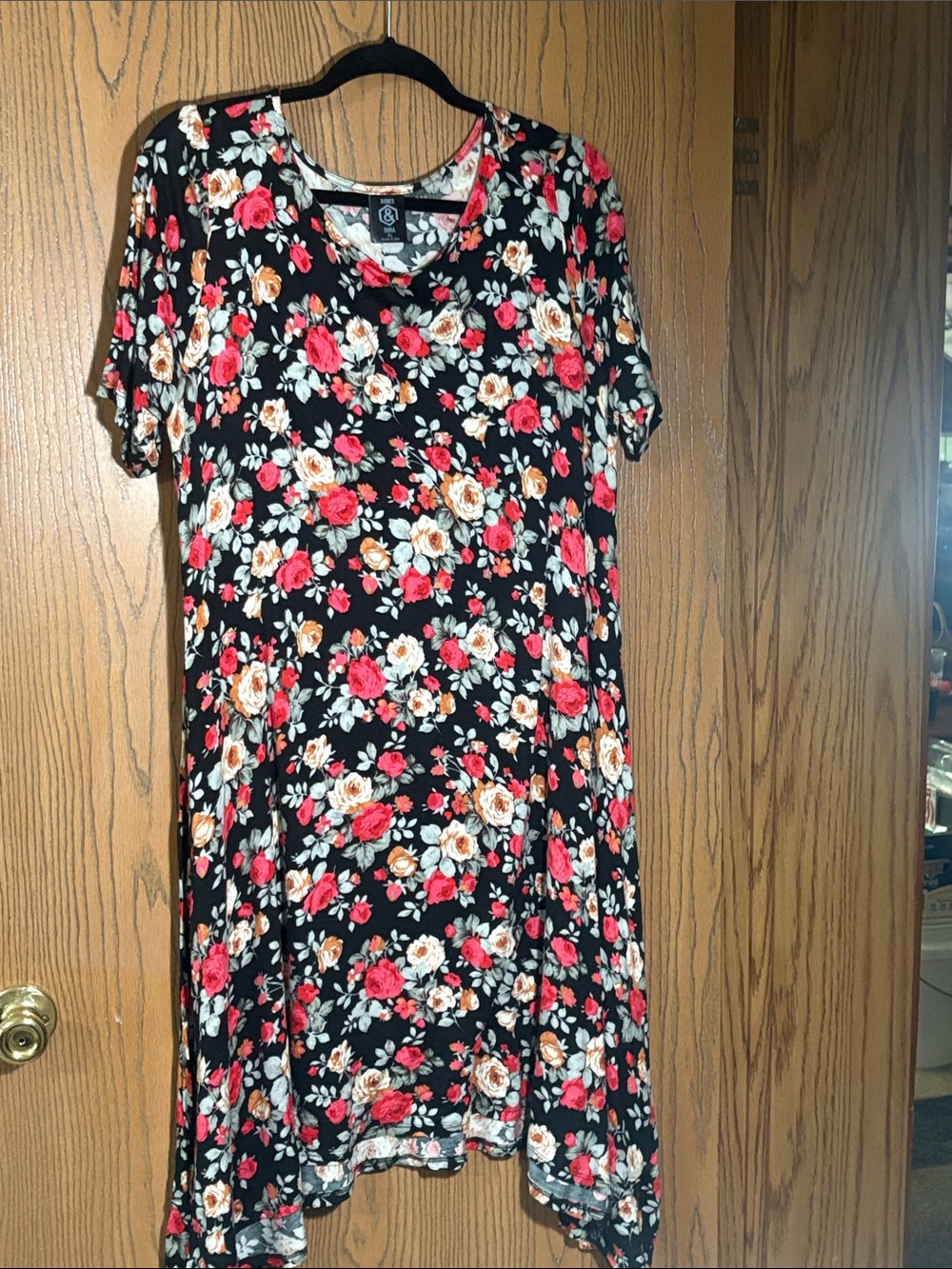 Agnes & Dora Black Midi Dress with Coral and Cream Roses